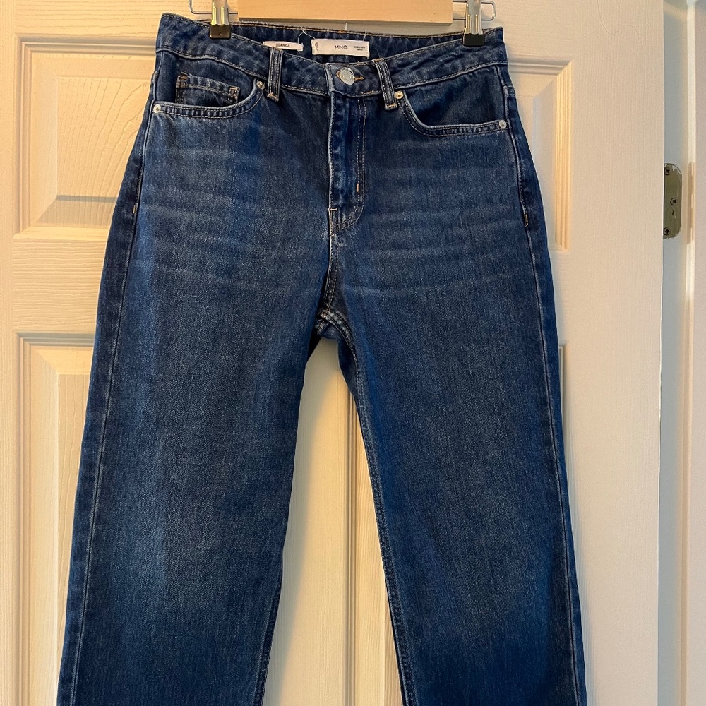 Mango Mid rise straight leg jeans, size 4, 27 1/2” inseam, dark blue